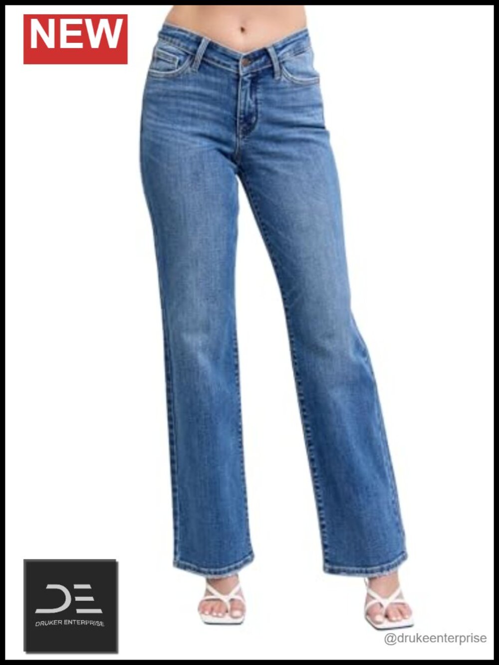 High Rise Straight Fit Vintage Wash Jeans V-Front Waistband Cotton Stretch